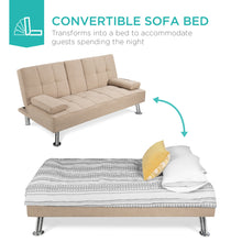 Load image into Gallery viewer, Linen Upholstered Convertible Sofa Bed Futon w/ 2 Cupholders
