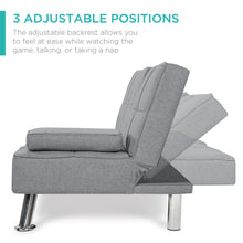 Load image into Gallery viewer, Linen Upholstered Convertible Sofa Bed Futon w/ 2 Cupholders
